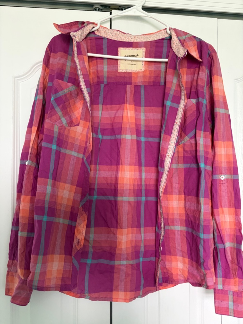 Arizona Jean Company Pink and Orange Plaid Button-Down Shirt